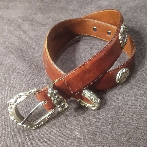 Vintage Fossil Silver Concho Leather Belt L - Picture 3 of 5